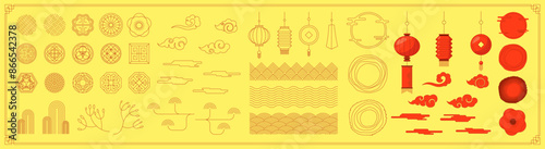 Chinese traditional banner decoration element set. Korean and Japanese decorative pattern and lantern. Asian full moon flower and cloud. Oriental folk linear ornament sun shapes concept for decor. Eps