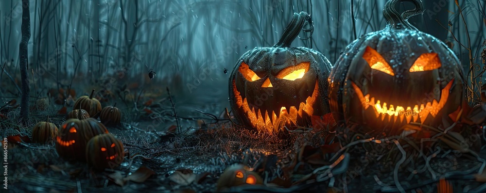 Spooky Halloween scene with glowing jack-o'-lanterns in a dark, eerie forest. Perfect for autumn and Halloween-themed designs. Spooky Halloween scene with glowing jack-o'-lanterns in a dark, eerie forest. Perfect for autumn and Halloween-themed designs.