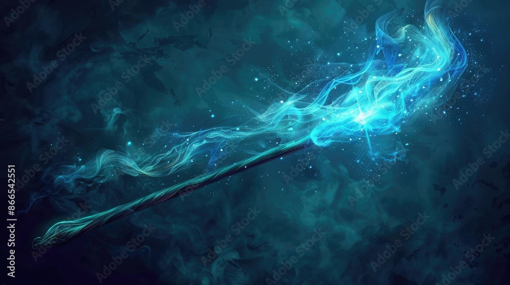 Magical glowing wand with swirling blue energy and particles, set against an ethereal dark background. Perfect for fantasy or mystical themes. Magical glowing wand with swirling blue energy and particles, set against an ethereal dark background. Perfect for fantasy or mystical themes.