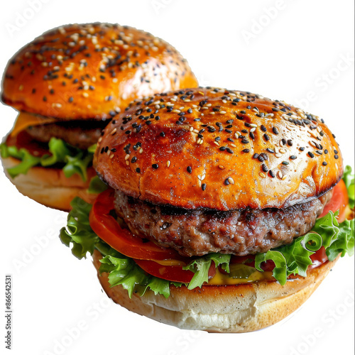 Two halves of a hamburger bun with sesame seeds on a white background. Clipping path included. photo