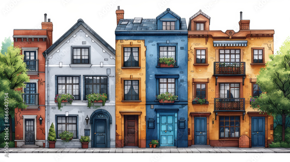 Obraz premium The painting depicts a row of four townhouses.