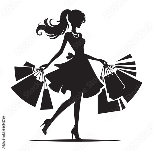 shopping girl woman holding shopping bag silhouette vector illustration