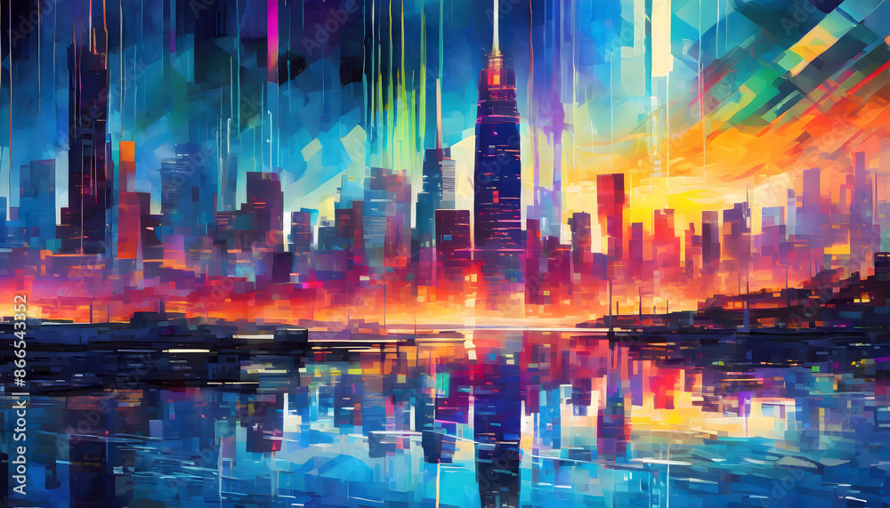 A digital glitch art masterpiece with the cityscape behind and beautiful light effect. A digital glitch art masterpiece with the cityscape behind and beautiful light effect.