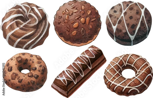set with a variety of cookies, gingerbread in a watercolor style. Various sweets