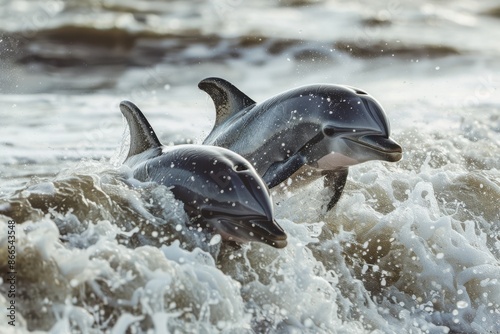 A pair of dolphins playing in water waves © rzrstudio