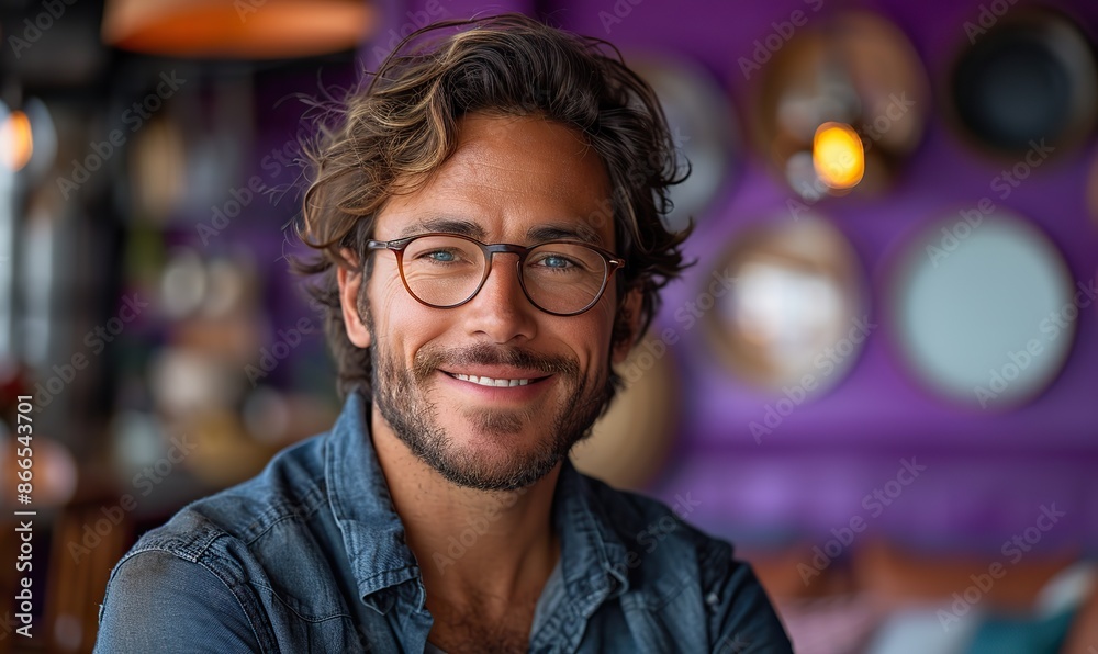 Standing against a vivid purple background, a young professional man with a friendly smile portrays approachability and confidence in the photo. Standing against a vivid purple background, a young professional man with a friendly smile portrays approachability and confidence in the photo.