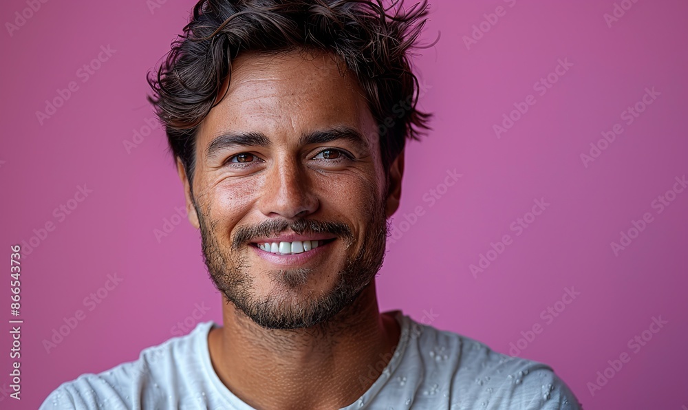 Standing against a vivid purple background, a young professional man with a friendly smile portrays approachability and confidence in the photo. Standing against a vivid purple background, a young professional man with a friendly smile portrays approachability and confidence in the photo.