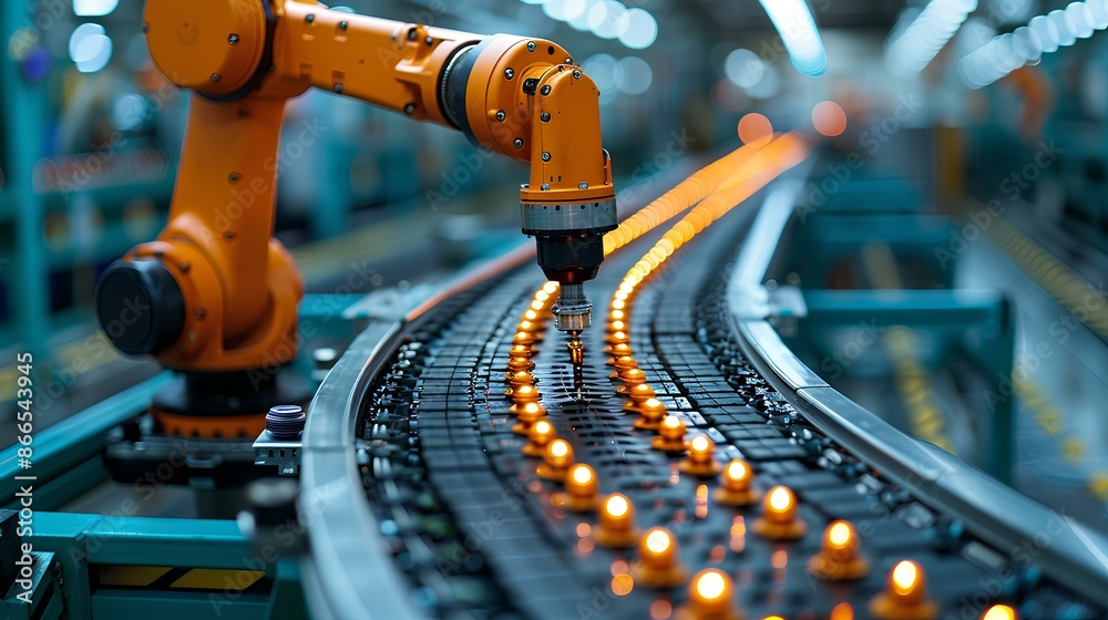 Automated Robotic Arm on Production Conveyor Belt Automated Robotic Arm on Production Conveyor Belt