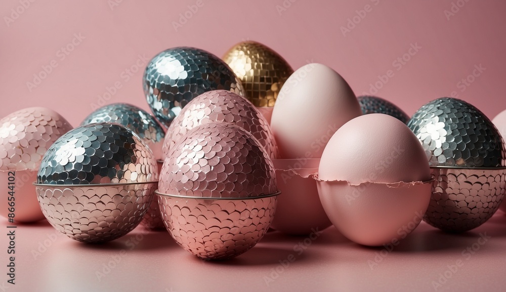 Decorated Easter eggs with metallic and pink designs. Decorated Easter eggs with metallic and pink designs.