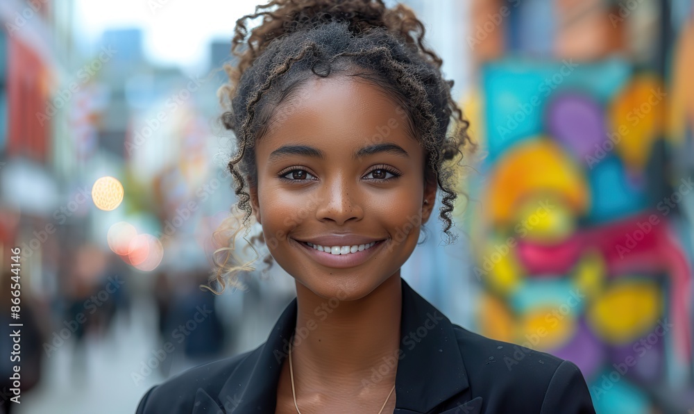 Confidently smiling in a sleek black blazer, a young professional woman stands against a vibrant cityscape. Confidently smiling in a sleek black blazer, a young professional woman stands against a vibrant cityscape.