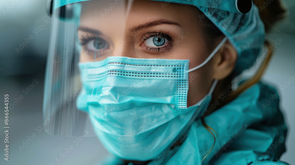 A young female doctor wearing a mask and face shield looks thoughtfully at the camera. She is wearing blue scrubs and has her hair tied back. The background is blurred. A young female doctor wearing a mask and face shield looks thoughtfully at the camera. She is wearing blue scrubs and has her hair tied back. The background is blurred.