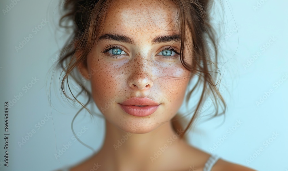 Confident and calm, a young woman beams with clear, glowing skin against a pristine backdrop. Confident and calm, a young woman beams with clear, glowing skin against a pristine backdrop.