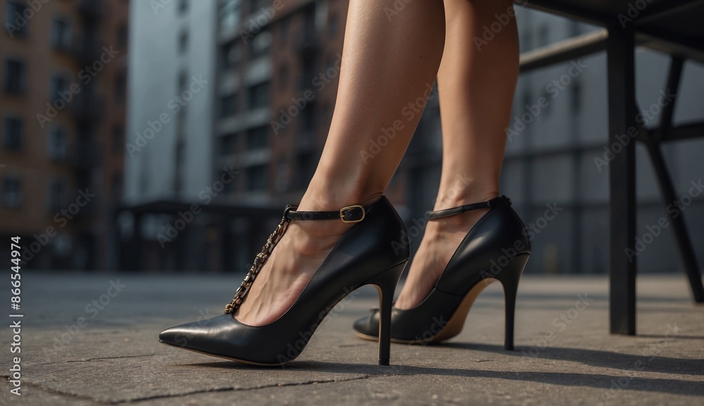 Elegant black high heels worn by a woman outdoors Elegant black high heels worn by a woman outdoors