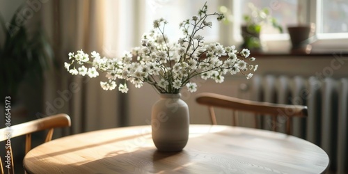 A vase of white flowers sits on a wooden table in a room with a window