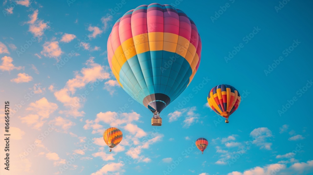 Naklejka premium Hot air balloon rising, group up perspective, colorful, movement.