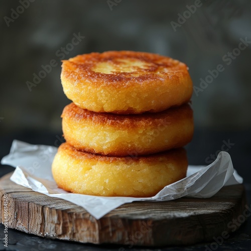 Three Golden Brown Potato Pancakes on Wooden Cutting Board