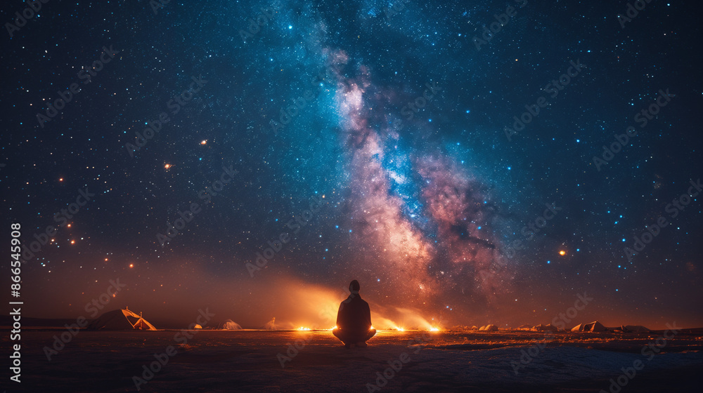 A traveler sitting cross-legged in a desert camp under a starry night sky, bonfire crackling nearby, Bedouin tents and camel silhouettes against the Milky Way, a sense of serenity and connection to th A traveler sitting cross-legged in a desert camp under a starry night sky, bonfire crackling nearby, Bedouin tents and camel silhouettes against the Milky Way, a sense of serenity and connection to th