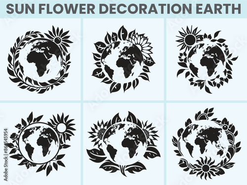 Set of modern Flat Design Round Flower Decorations, Planet Earth World Globe Silhouette Icon on a White Background.