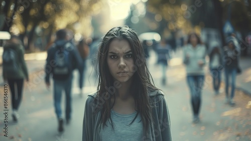 Girl with Social Anxiety Disorder in Busy Crowd.