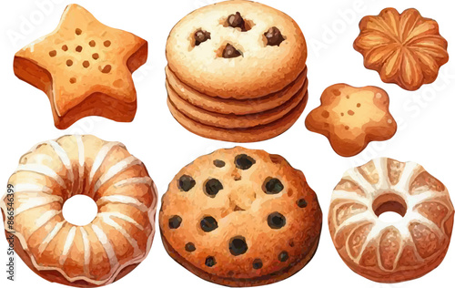 set with a variety of cookies, gingerbread in a watercolor style. Various sweets