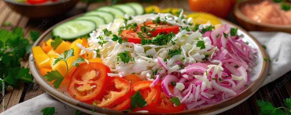 Fresh vegetable salad with tomatoes, onions, cucumbers, and peppers, garnished with cilantro on a wooden table. Fresh vegetable salad with tomatoes, onions, cucumbers, and peppers, garnished with cilantro on a wooden table.