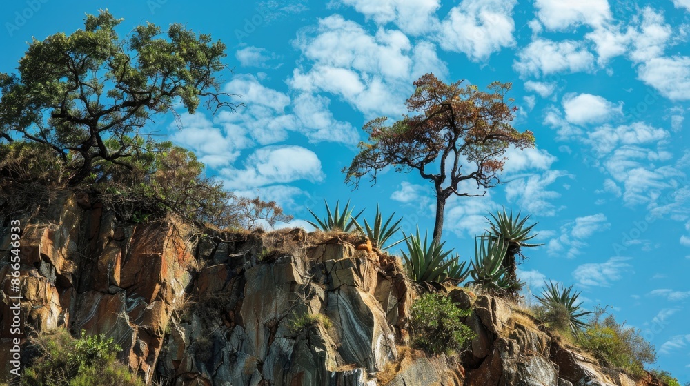 Cliff with trees and aloe vera plants under blue sky Cliff with trees and aloe vera plants under blue sky