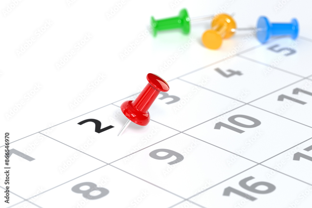 Calendar with Red Pushpin. Date Concept Using White Background and Simple Composition. 3d Rendering Calendar with Red Pushpin. Date Concept Using White Background and Simple Composition. 3d Rendering
