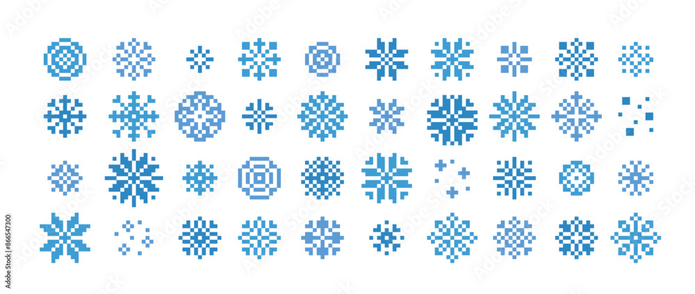 ドット絵　シンプルでかわいい雪の結晶のイラスト装飾セット　氷　粉雪　冷凍　冬　保冷剤　ピクセル