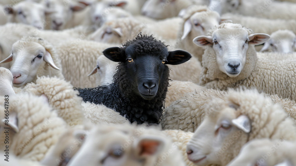 Obraz premium A Single Black Sheep Stands Out Amongst a Flock of White Sheep, Being Different, One of a Kind