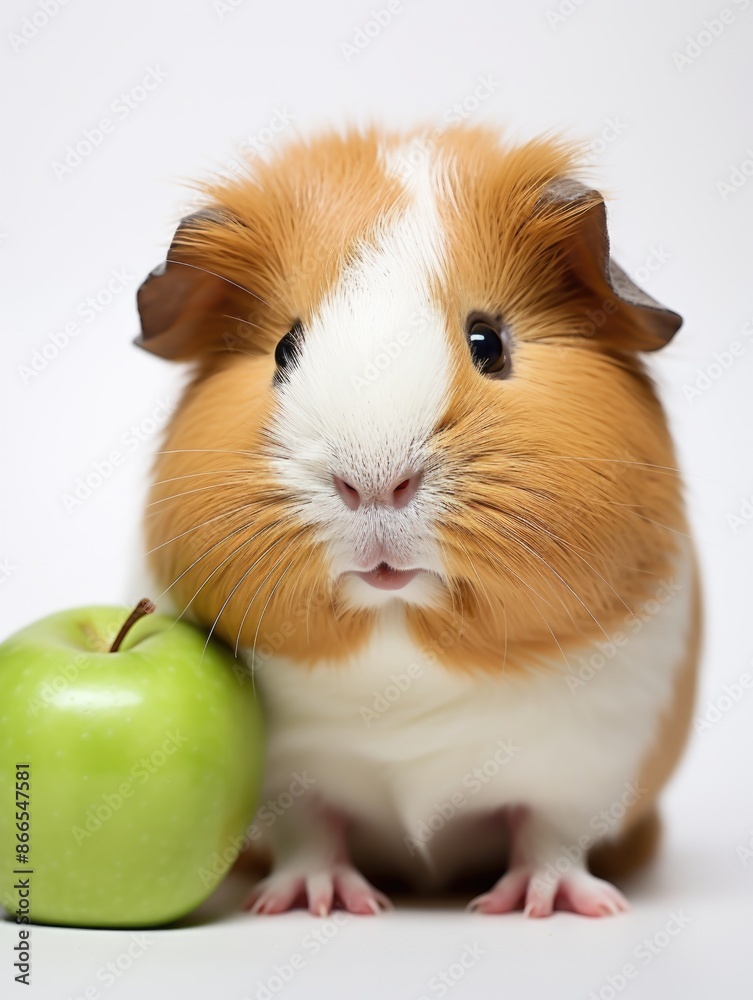 A small brown and white guinea pig is sitting on a table with a green apple in f A small brown and white guinea pig is sitting on a table with a green apple in f