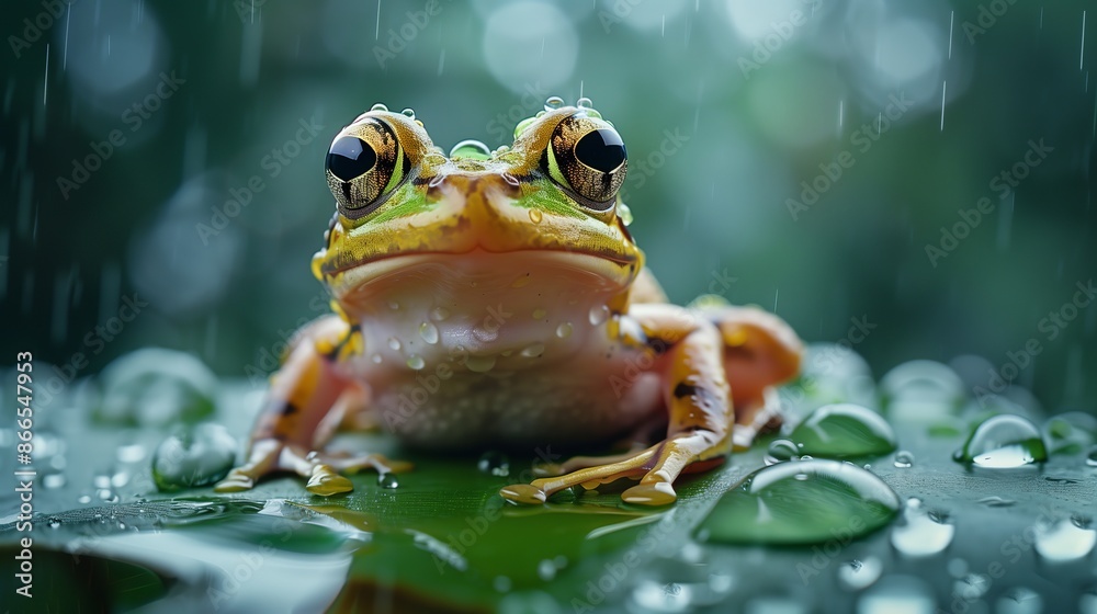 Cute frog sitting on a leaf in water, with big eyes and raindrops Cute frog sitting on a leaf in water, with big eyes and raindrops