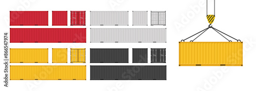Set of cargo containers in different colors. Shipping containers. Vector illustration. Isolated on white background.	