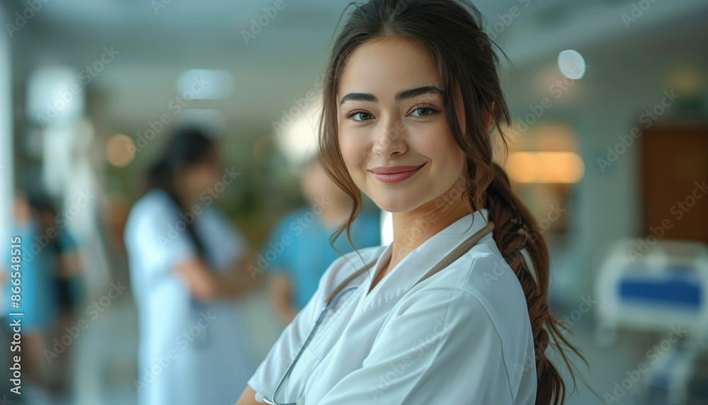 custom made wallpaper toronto digitalYoung female nurse standing with her arms crossed and smiling while medical team discussing patient treatment in background at hospital,