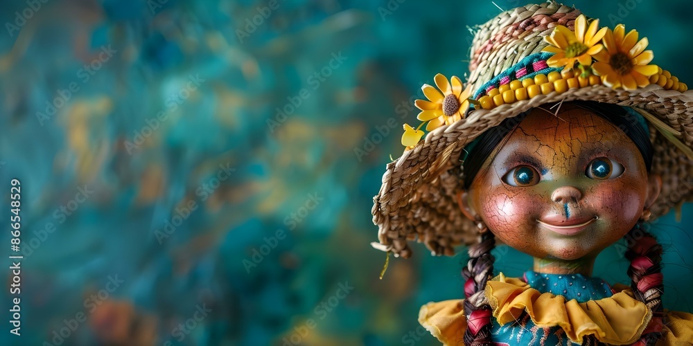 Fototapeta premium Handmade Brazilian Festa Junina doll adorned with corn garland. Concept Brazilian Folk Art, Handcrafted Doll, Festa Junina Celebration