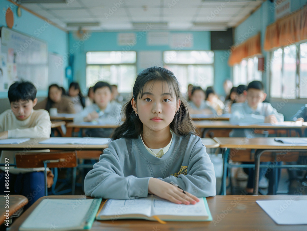 A Chinese girl in the classroom, wearing gray and sitting at her desk with other students behind her A Chinese girl in the classroom, wearing gray and sitting at her desk with other students behind her