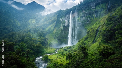 A majestic waterfall cascading down a mountain into a lush, green landscape with a river winding through the forest