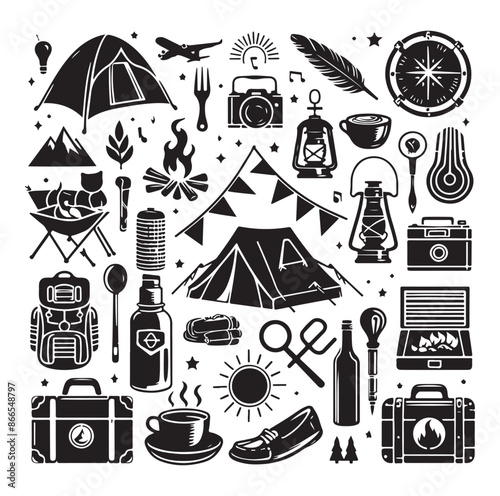 Camping and Outdoors set silhouette vector illustration.