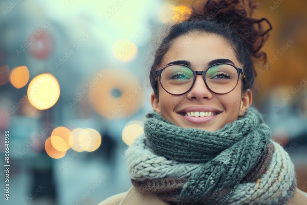 A woman with glasses and a scarf is smiling A woman with glasses and a scarf is smiling