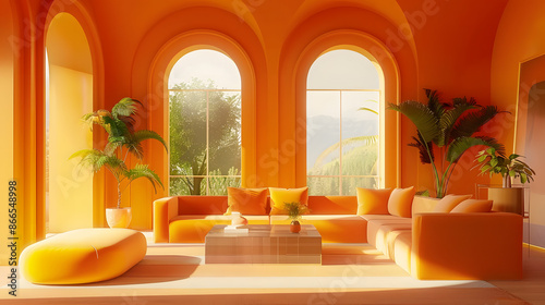 Bright orange living room with modern furniture and large arched windows, decorated with green plants photo