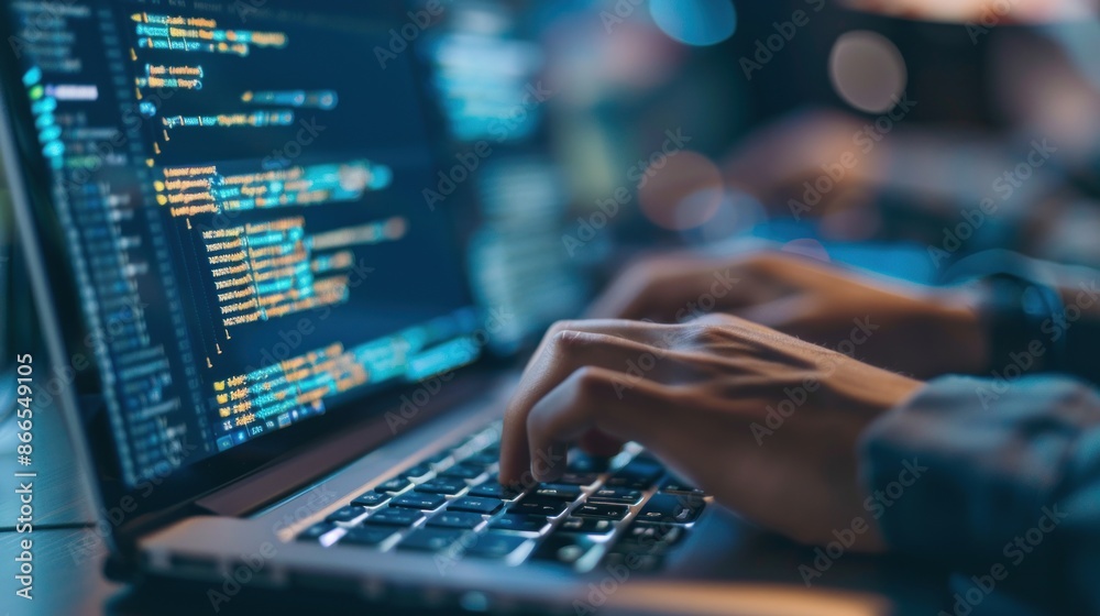 Programmer Typing on Laptop with Coding Interface on Screens. Programmer Typing on Laptop with Coding Interface on Screens.