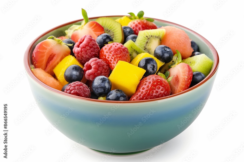 A bowl of fruit with a variety of fruits including strawberries, blueberries. Isolated on white background A bowl of fruit with a variety of fruits including strawberries, blueberries. Isolated on white background