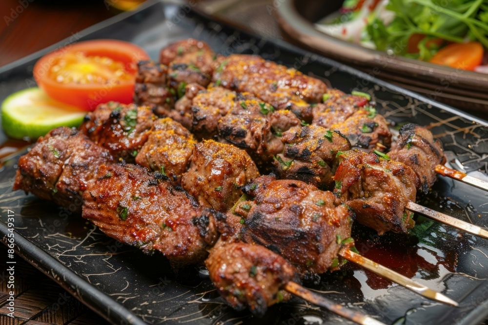 Closeup of juicy grilled meat skewers served on a plate with tomato and cucumber Closeup of juicy grilled meat skewers served on a plate with tomato and cucumber