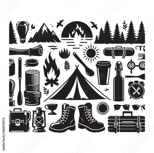 Camping and Outdoors set silhouette vector illustration