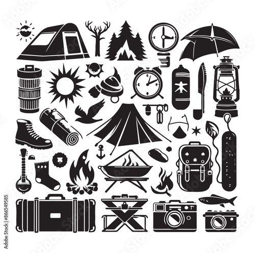 Camping and Outdoors set silhouette vector illustration