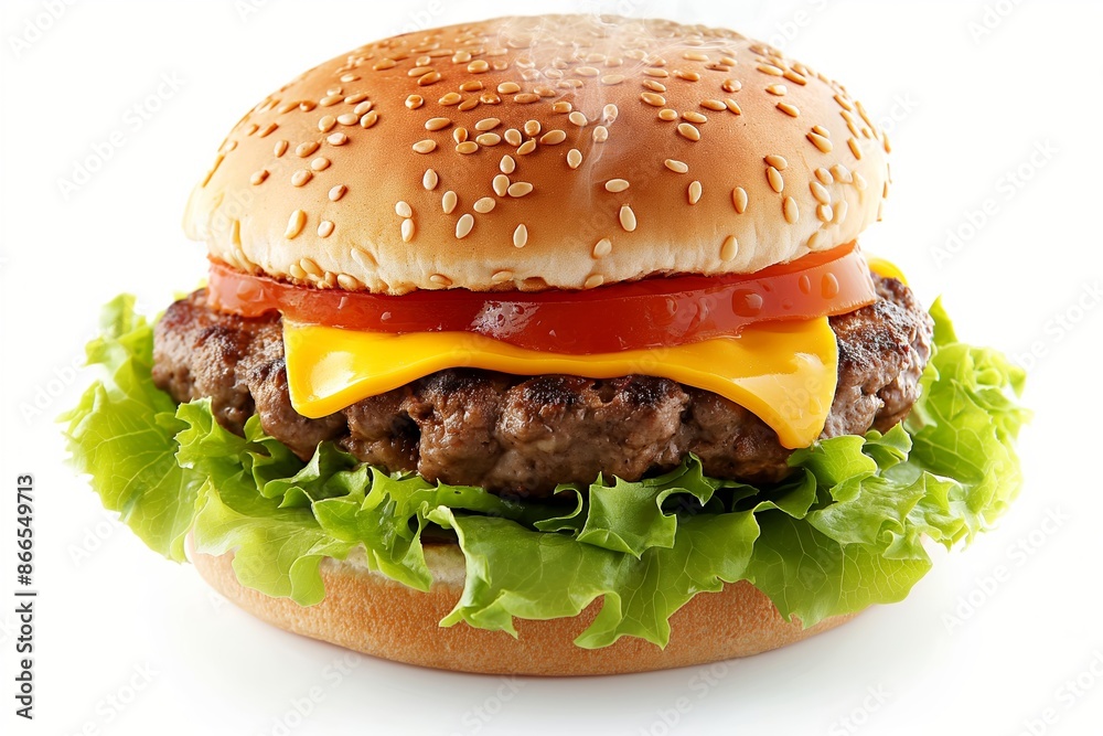A hamburger with lettuce and tomato on top of a bun. Isolated on white background A hamburger with lettuce and tomato on top of a bun. Isolated on white background
