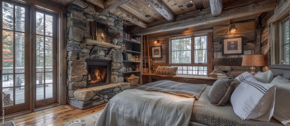 Cozy Cabin Bedroom with Stone Fireplace and Rustic Decor Cozy Cabin Bedroom with Stone Fireplace and Rustic Decor