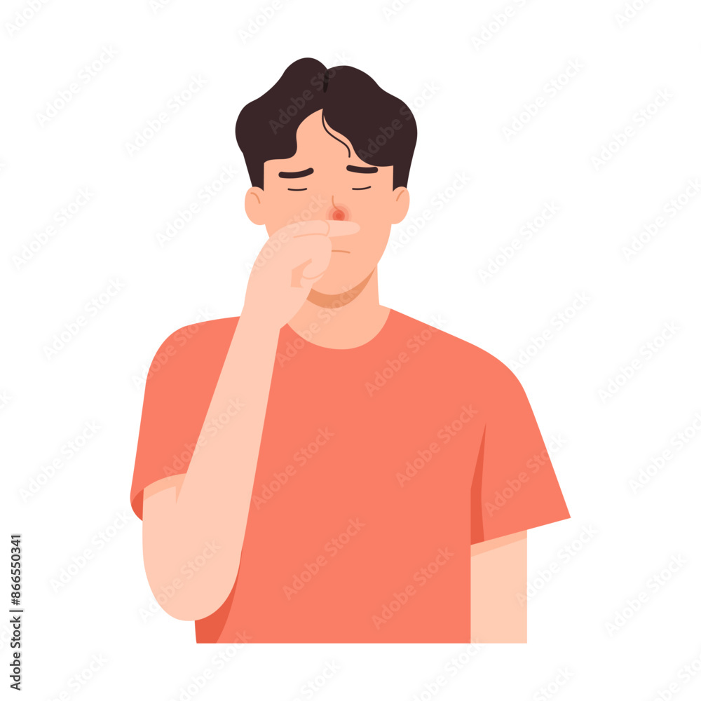 Vector illustration of man with stuffy nose. Congested nose caused by allergy, flu infection. Flat design Vector illustration of man with stuffy nose. Congested nose caused by allergy, flu infection. Flat design