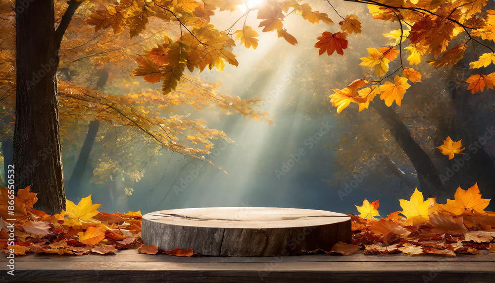 Autumn background for product presentation with podium to showcase product illuminated by multiple beams of light surrounded by trees, with floating colorful leaves evoking calm and nature's beauty. Autumn background for product presentation with podium to showcase product illuminated by multiple beams of light surrounded by trees, with floating colorful leaves evoking calm and nature's beauty.