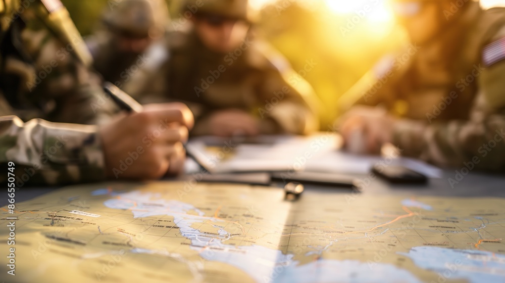 Obraz premium Soldiers in a tactical briefing with maps and plans, strategic planning, mission coordination