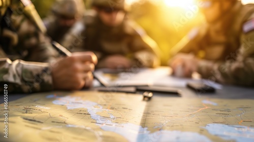 Soldiers in a tactical briefing with maps and plans, strategic planning, mission coordination